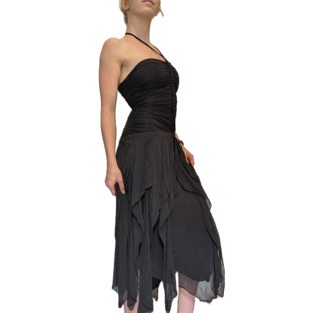 Designer Asymmetrical Black Ruffle And Ruche Dress - Picture 2 of 6